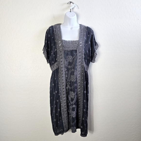 Johnny Was Dresses & Skirts - NWOT Johnny Was Gray Floral Lace Embroidered Dress Medium Midi